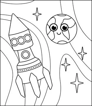 Coloring page. Space rocket and Earth. Black and white space. Vector Stock Illustration