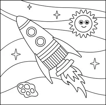 Coloring page. Space rocket flying past the sun. Black and white space. Vector Stock Illustration