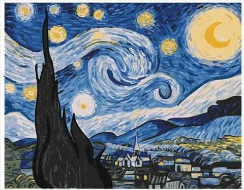 Coloring page with "The Starry Night" based on Vincent van Gogh's painting. Stock Illustration