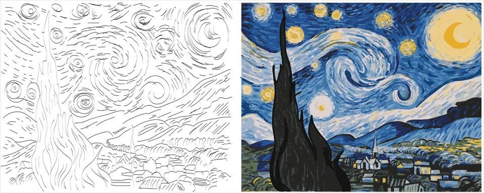 Coloring page with "The Starry Night" based on Vincent van Gogh's painting. Stock Illustration