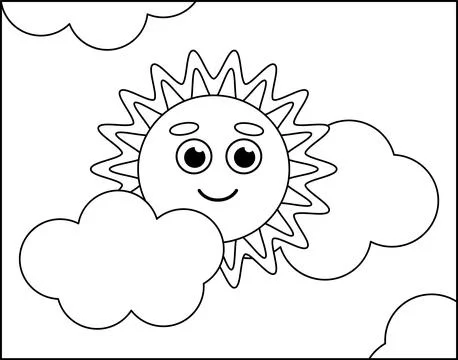 Coloring page. Sun with clouds in sky. Black and white sun. Vector. Stock Illustration