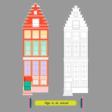 Coloring page tall old building with a porch Stock Illustration