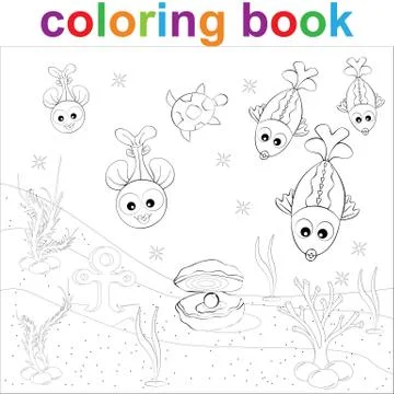 Coloring page template with cartoon turtle, fish and pearl. For children colo Stock Illustration