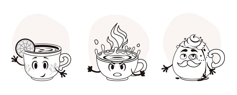 Coloring page with three cartoon funny emotion cups. Outline illustration for Stock Illustration