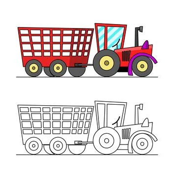 Coloring page of tractor and trailer for kids book and kindergarten. Education d Stock-Illustration