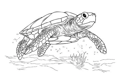 Coloring page turtle.Coloring page life in the ocean with algae. Stock Illustration