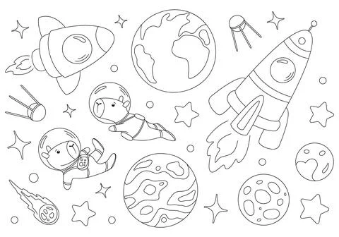 Coloring page with two flying capybaras astronauts Stock Illustration