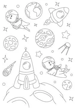 Coloring page with two parrots astronauts Stockillustratie