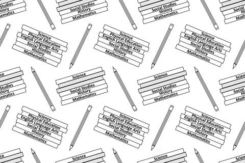 Coloring page vector seamless pattern with stacks of books on school subjec.. Stock Illustration