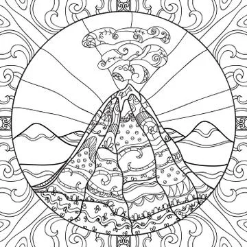 Coloring page with volcano Illustrazione stock