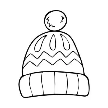 Coloring page warm hat. Head clothing in cold weather. Knitted wardrobe item. Stock Illustration
