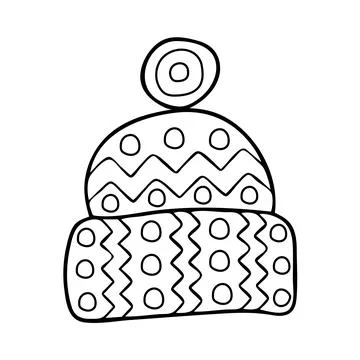 Coloring page warm hat. Head clothing in cold weather. Knitted wardrobe item. Stock Illustration