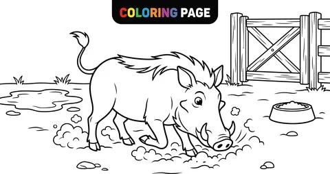 Coloring Page of a Warthog Digging in the Mud. Stock Illustration