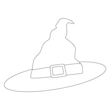 Coloring page witch hat, Halloween element, fairytale headdress with buckle. Stock Illustration