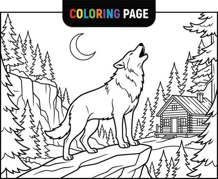 Coloring Page of a Wolf Howling at the Moon in a Forest Landscape. Stock Illustration