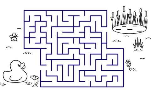 Coloring pages with maze. Cartoon duck, pond and reeds. Kids education art game Illustrazione stock