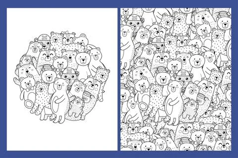 Coloring pages set with cute bears. Doodle forest animals templates for coloring Stock Illustration