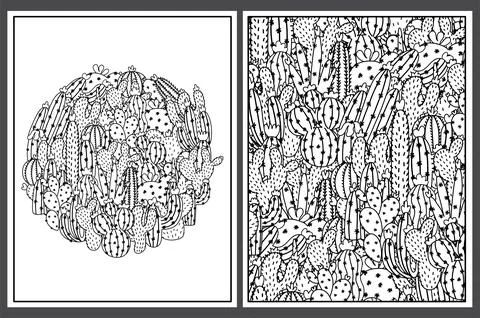 Coloring pages set with cute cactuses. Doodle succulent print templates for 库存插图