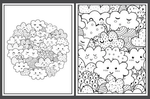 Coloring pages set with cute clouds. Doodle cosmic characters templates for Stock Illustration
