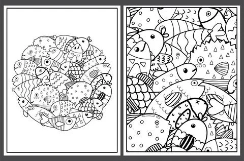 Coloring pages set with cute fish. Doodle sea animals templates for coloring Stock Illustration