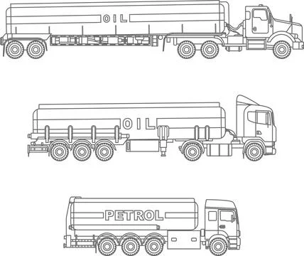 Coloring pages. Set of different gasoline trucks flat linear icons Illustrazione stock