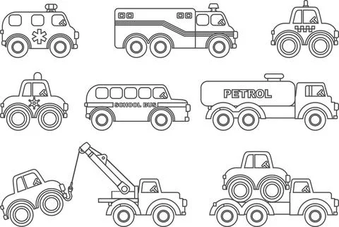 Coloring pages. Set of different silhouettes children toys transportation Stock Illustration