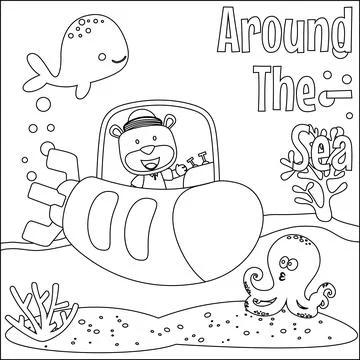 Coloring picture of cartoon submarine ship. cute little tiger sailor, Stock Illustration