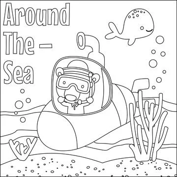 Coloring picture of cartoon submarine ship. cute little bear sailor, Stock Illustration