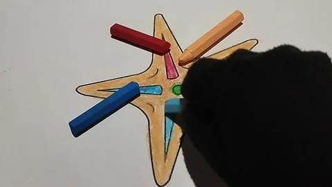 Coloring a picture of a starfish shape using colorful crayons Stock Footage 224978536