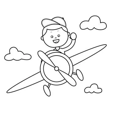 Coloring sheet of a boy driving a plane. Suitable for children's activities Stock Illustration
