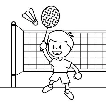 Coloring sheet of boy playing badminton Stock Illustration