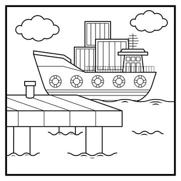 Coloring sheet of cargo ship at pier Stock Illustration