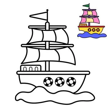 Coloring sheet of sailing ship. Suitable for children's learning Ilustração Stock
