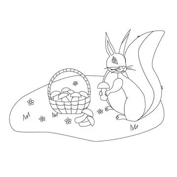 Coloring of a squirrel in a clearing with mushrooms Stock Illustration
