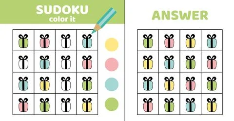Coloring sudoku. Gift boxes, presents. Sudoku with four gifts. Cartoon. Stock-Illustration