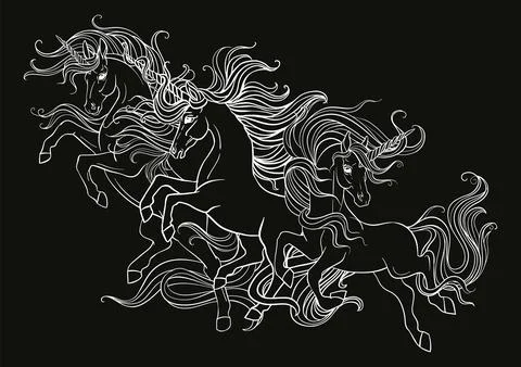 Coloring vector illustration three unicorns white on black Stock Illustration