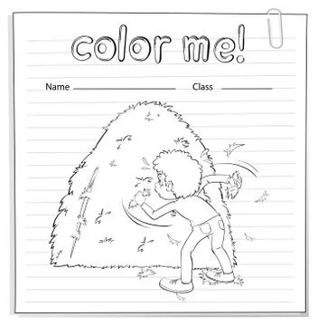 Coloring worksheet with a boy looking at the haystack Stock Illustration