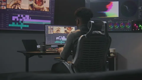 Colorist does color grading in video edit software Stock Footage 237282511
