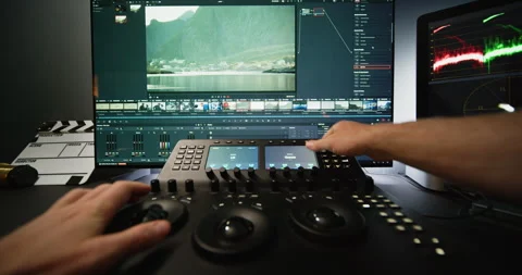 Colorist Using Advanced Color Grading Hardware In Post-Production Stock Footage 313467929