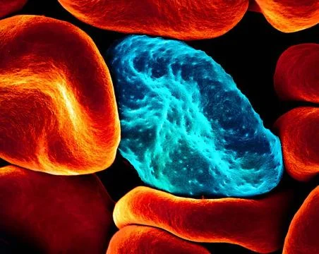  Colorized scanning electron micrograph of red blood cell infected with ma... Stock Photos