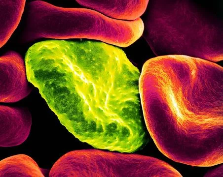  Colorized scanning electron micrograph of red blood cell infected with ma... Stock Photos