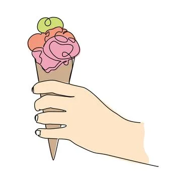 Colorized single line drawing of hand holding ice cream cone イラスト素材
