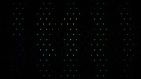 Colors shine in a pattern of hearts on a dark background Stock Illustration