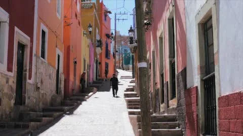 Colors in Street of Mexican Colonial Town Stock Footage