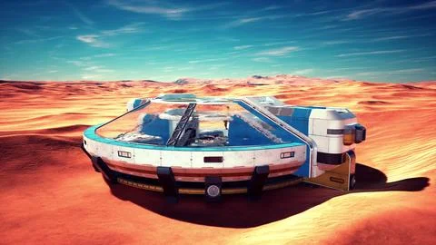 Colossal circular glass structure standing alone in a vast desert Ilustración de archivo