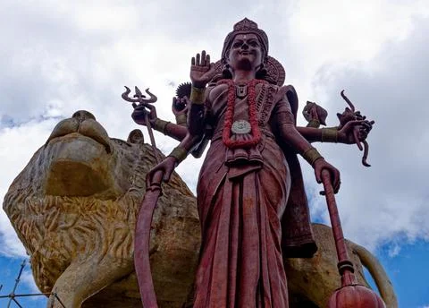 Colossal Durga Maa Statue and Lion Mount at Ganga Talao, Mauritius Stock Photos