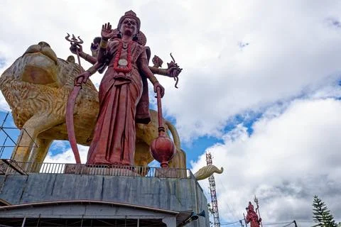 Colossal Durga Maa Statue and Lion Mount at Ganga Talao, Mauritius Stock Photos