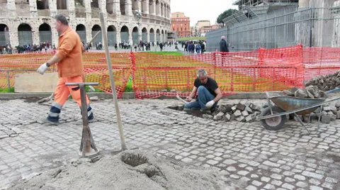 Colosseum stone worker long shot Stock Footage 35935313