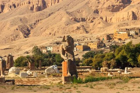 Colossi of Memnon, two massive stone statues of pharaoh Amenhotep III in Luxor Stock Photos