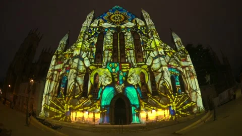 Colour and Light projection mapping display at York Minster, UK. Stock Footage 233785349